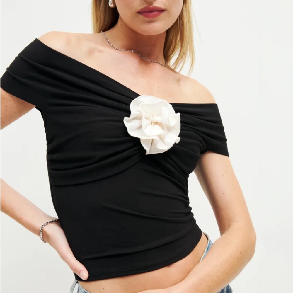 Reformation Emerald Knit Top in Black with White Rose